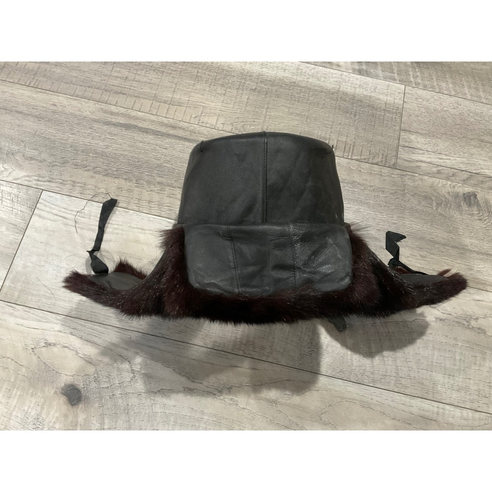 Vintage Ushanka Trapper Fur‎ hat with Ear Flaps Brown Black 59cm - Picture 9 of 12